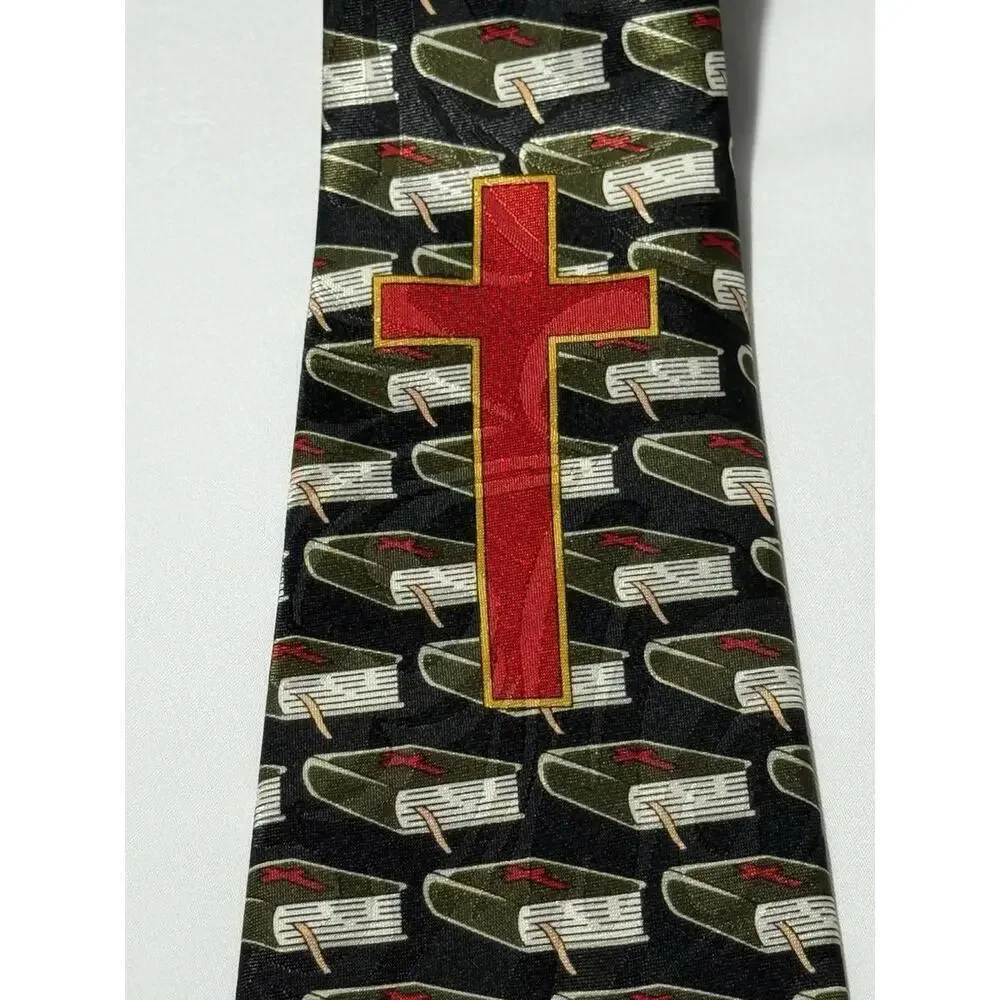 Religious Necktie with Red Cross & Bible Design  57” Length
